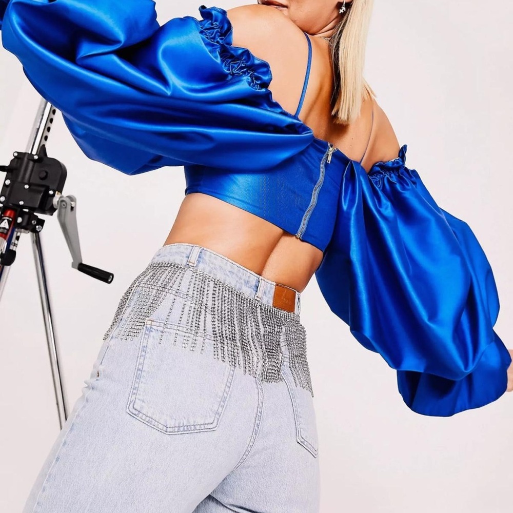 New ASOS LUXE wide leg jean with diamante trim in mid wash blue. Size 8